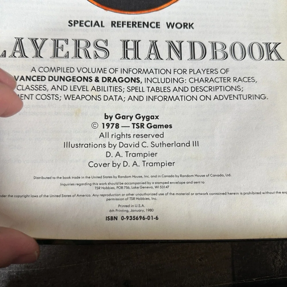 AD&D Players Handbook 1st Edit 6th Printing 1980 Gary Gygax TSR Dungeons Dragons